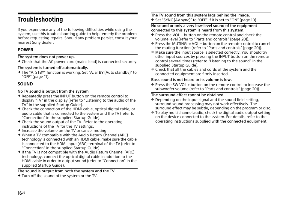 Troubleshooting | Sony HT-XT1 User Manual | Page 16 / 72