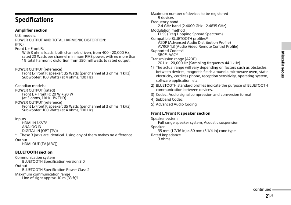 Specifications | Sony HT-XT1 User Manual | Page 21 / 72