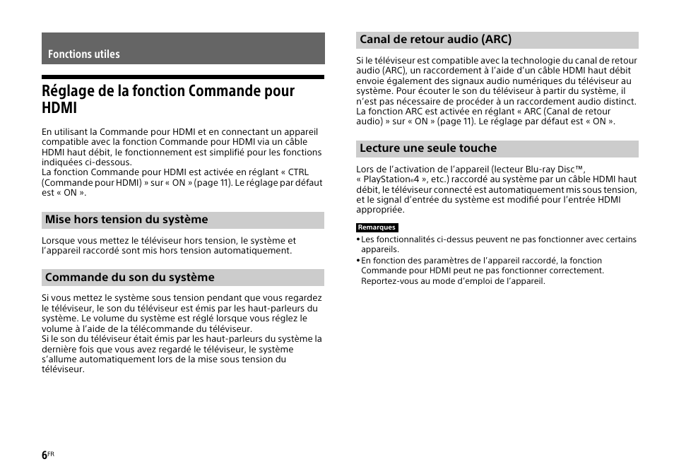 Fonctions utiles, Réglage de la fonction commande pour hdmi | Sony HT-XT1 User Manual | Page 28 / 72