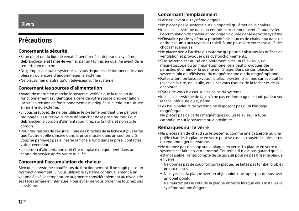 Divers, Précautions | Sony HT-XT1 User Manual | Page 34 / 72
