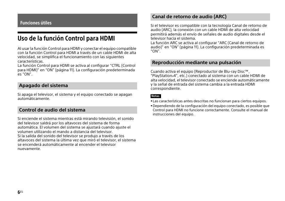Funciones útiles, Uso de la función control para hdmi | Sony HT-XT1 User Manual | Page 52 / 72