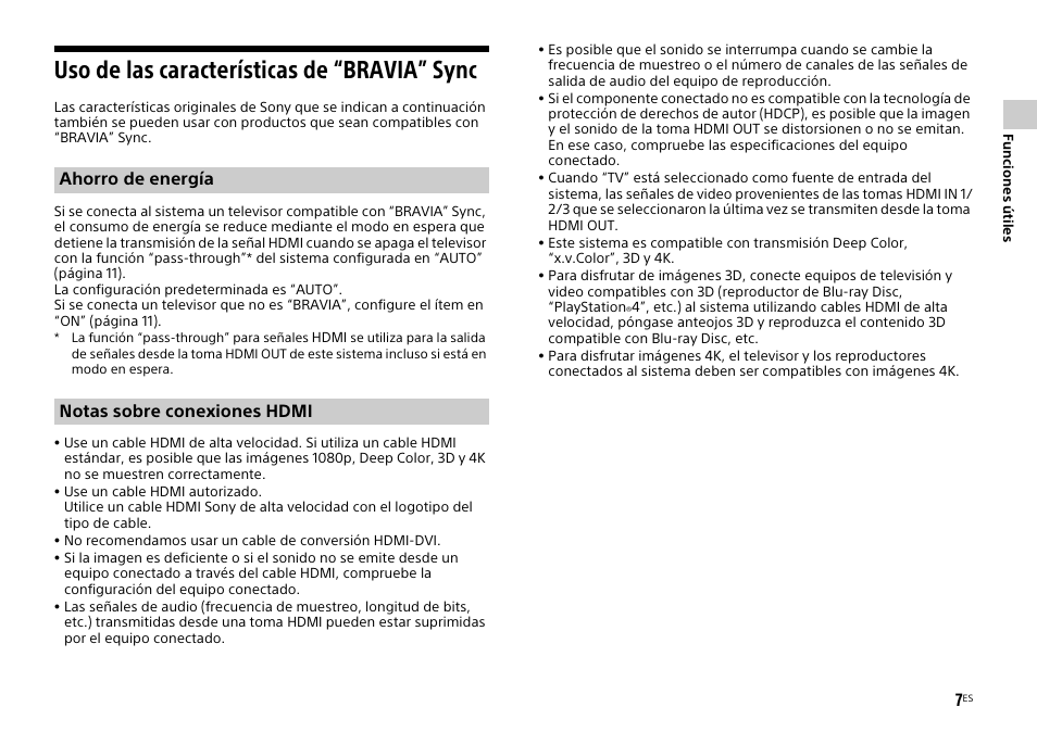 Uso de las características de “bravia” sync, Ahorro de energía notas sobre conexiones hdmi | Sony HT-XT1 User Manual | Page 53 / 72