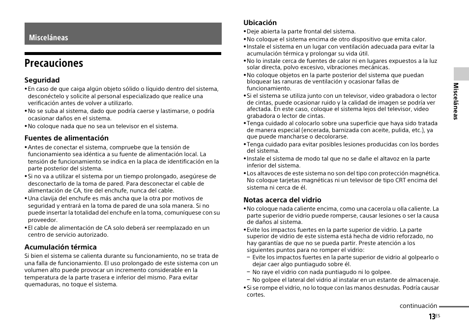 Misceláneas, Precauciones | Sony HT-XT1 User Manual | Page 59 / 72