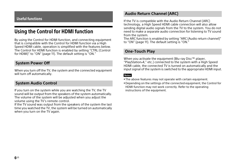 Useful functions, Using the control for hdmi function | Sony HT-XT1 User Manual | Page 6 / 72