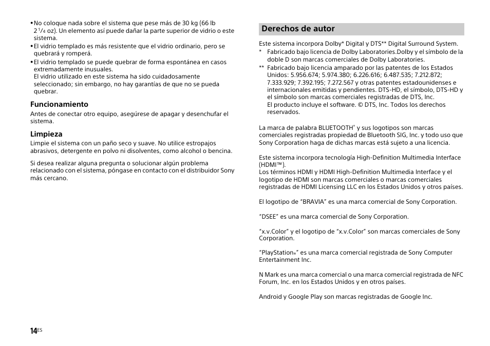 Derechos de autor | Sony HT-XT1 User Manual | Page 60 / 72