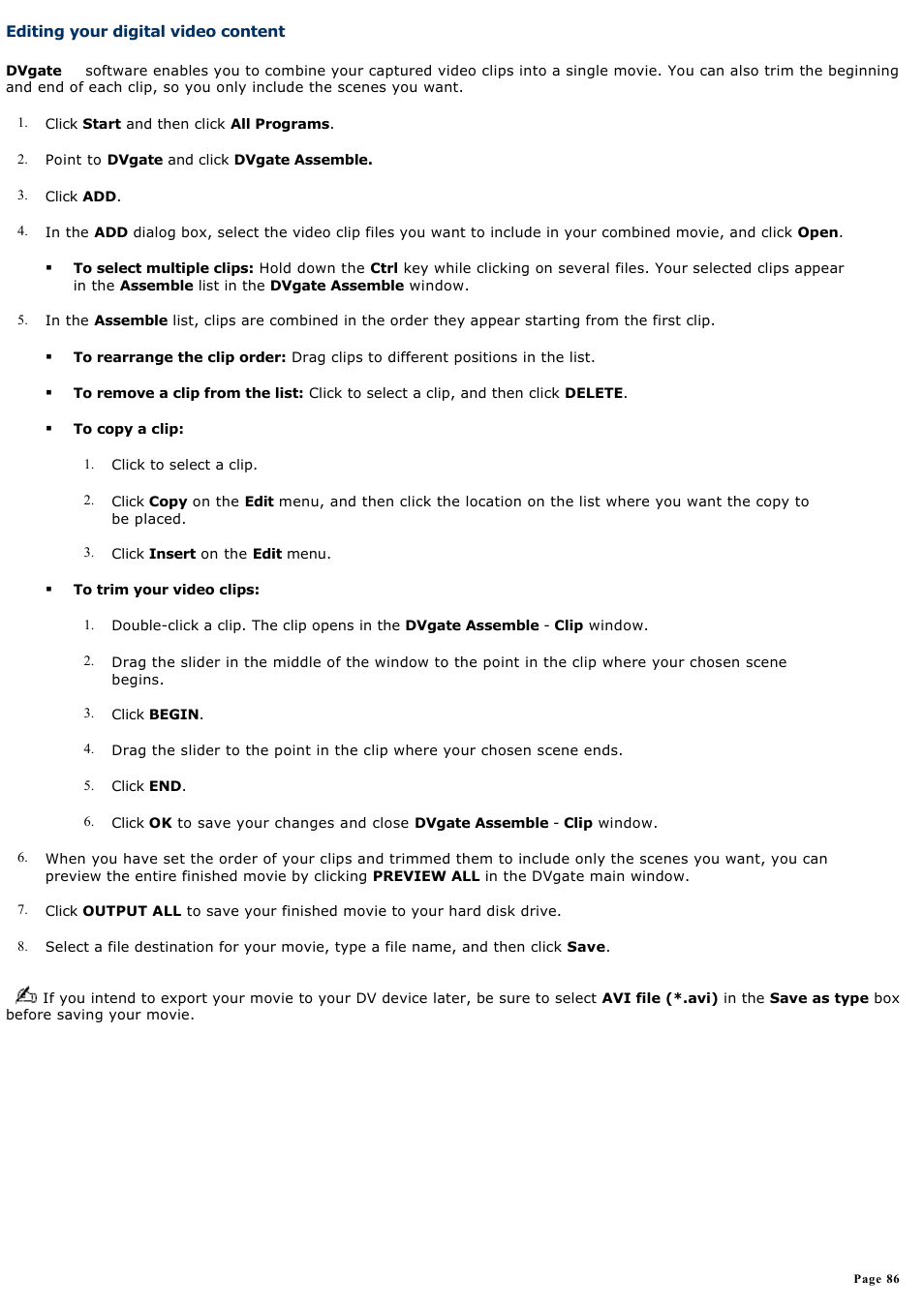 Editing your digital video content | Sony PCV-RS311 User Manual | Page 86 / 161
