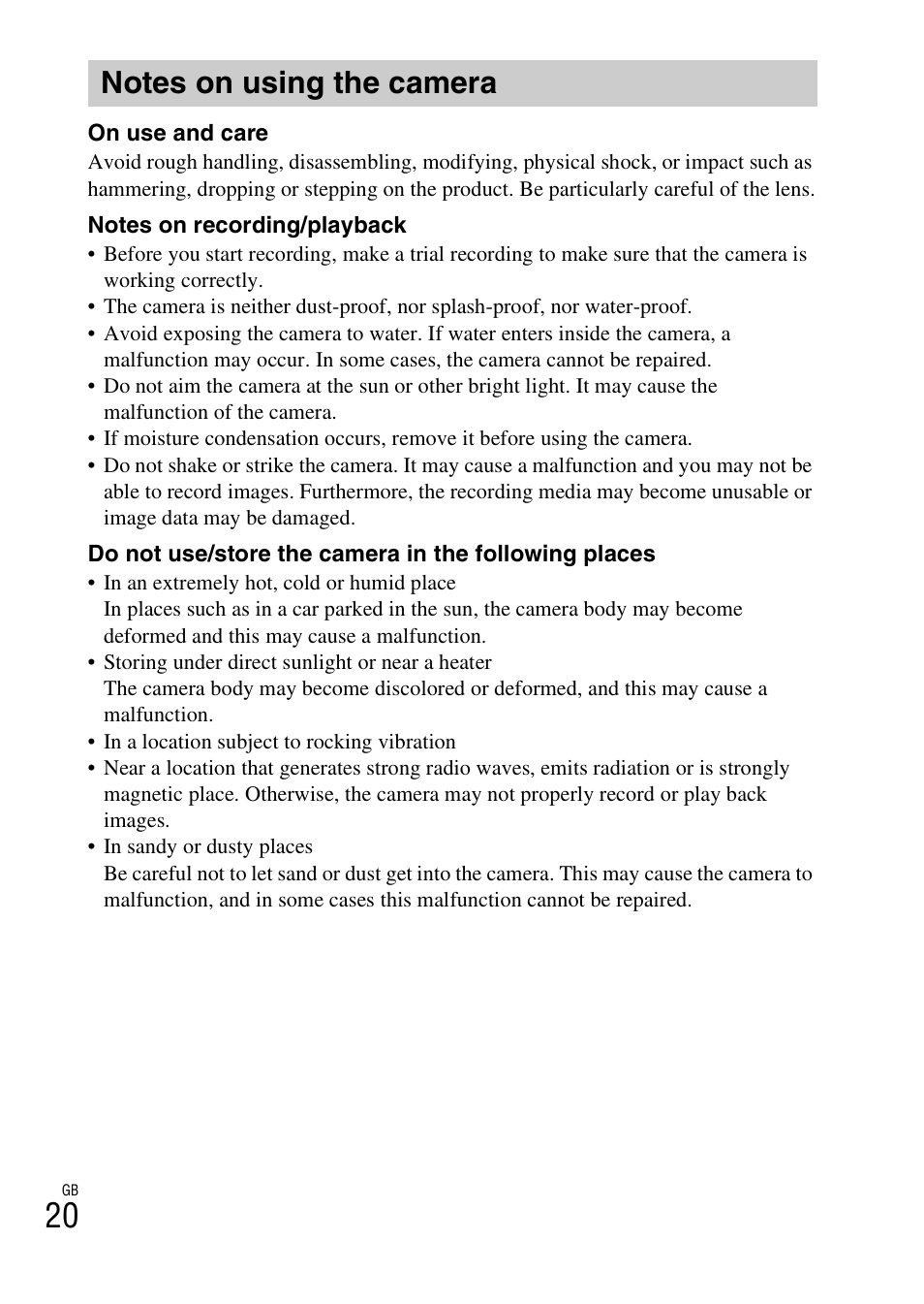Notes on using the camera | Sony DSC-H200 User Manual | Page 20 / 48