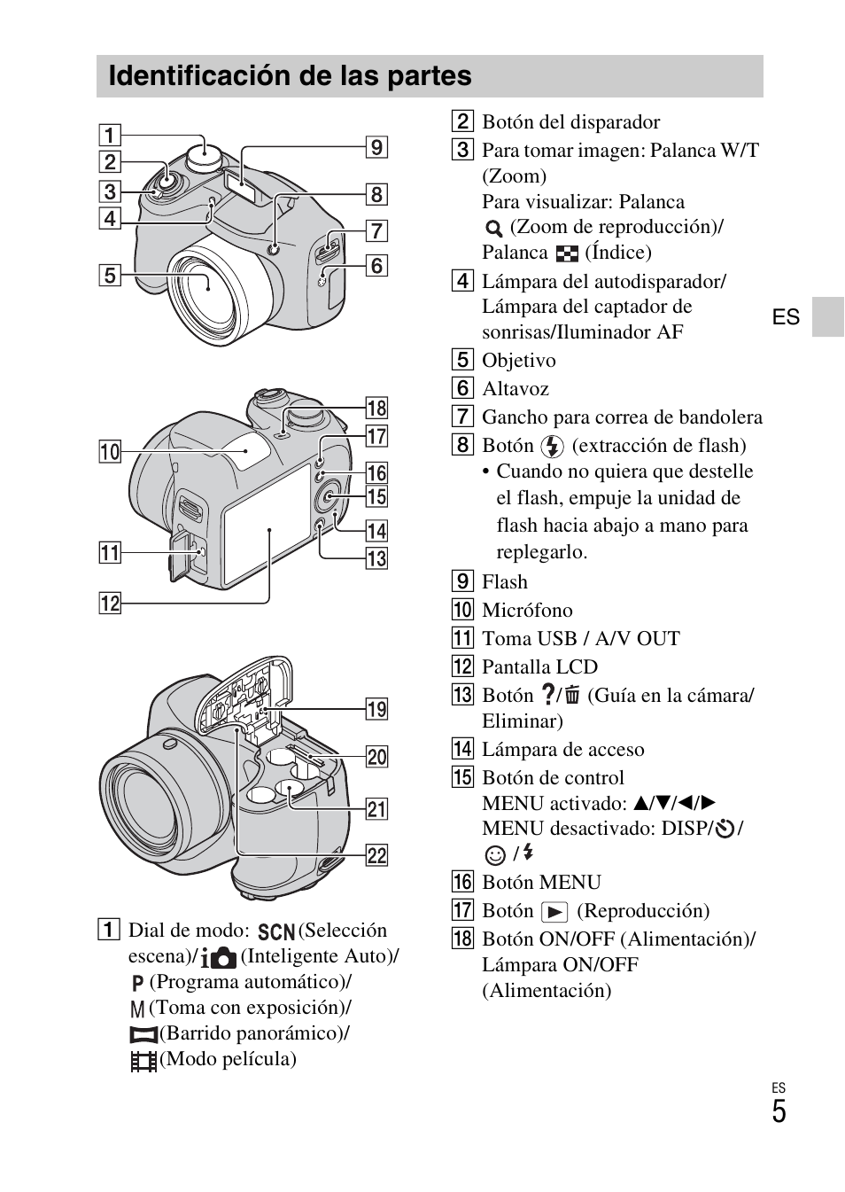 Identificación de las partes | Sony DSC-H200 User Manual | Page 27 / 48