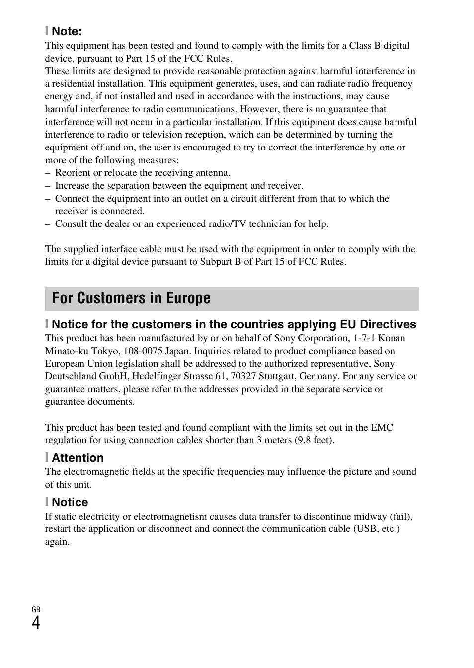 For customers in europe | Sony DSC-H200 User Manual | Page 4 / 48