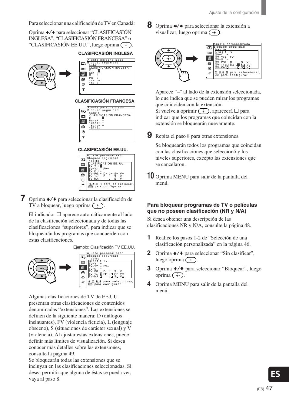 Es 8, Ajuste de la configuración, Clasificasión inglesa clasificasión francesa | Clasificasión ee.uu | Sony KE-32TS2 User Manual | Page 171 / 188