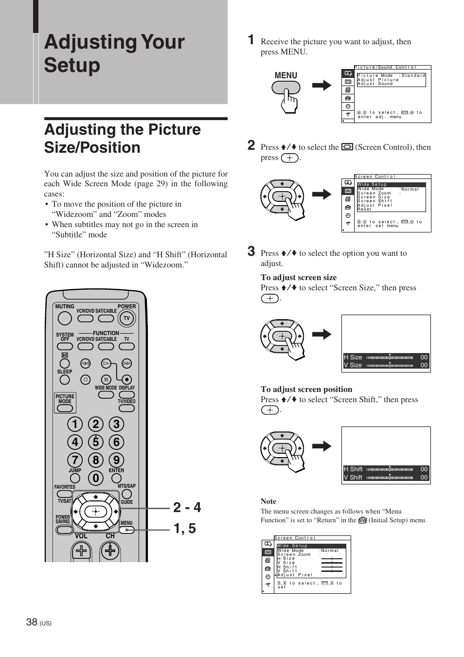 Adjusting your setup, Adjusting the picture size/position, Menu | Sony KE-32TS2 User Manual | Page 38 / 188