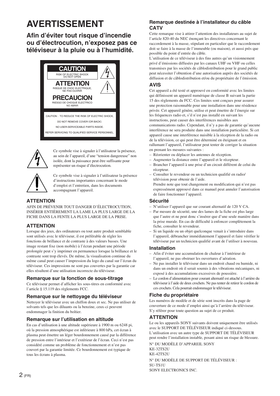 Avertissement, Caution, Attention | Precaucion | Sony KE-32TS2 User Manual | Page 64 / 188
