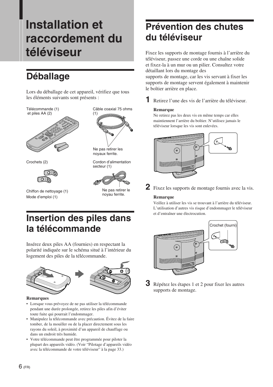 Installation et raccordement du téléviseur, Déballage, Insertion des piles dans la télécommande | Prévention des chutes du téléviseur | Sony KE-32TS2 User Manual | Page 68 / 188