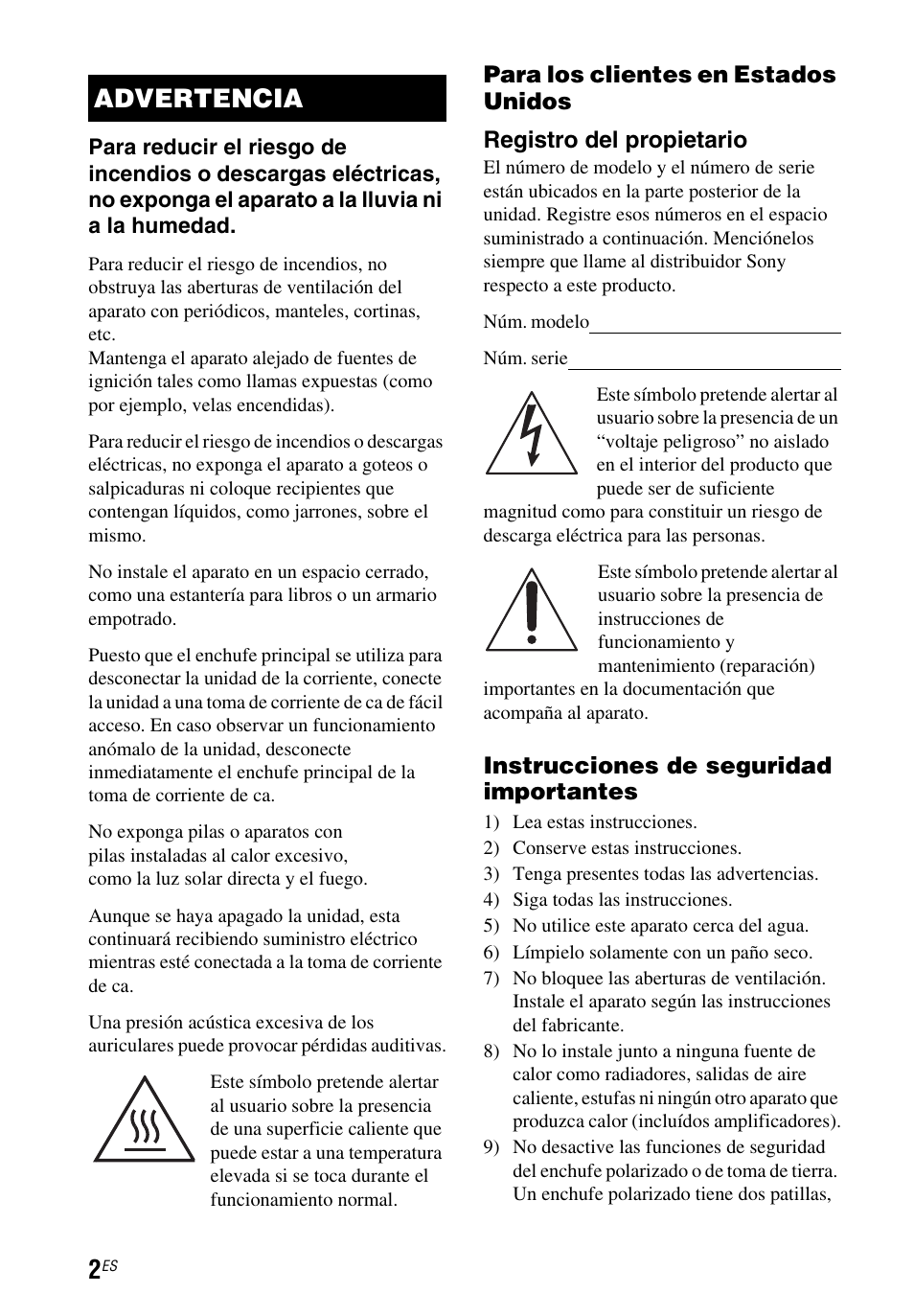 Advertencia | Sony STR-DH550 User Manual | Page 16 / 24