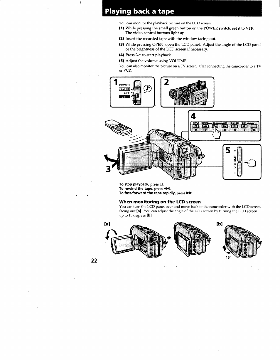 Playing back a tape, To stop playback, press | Sony CCD-TRV62 User Manual | Page 22 / 84