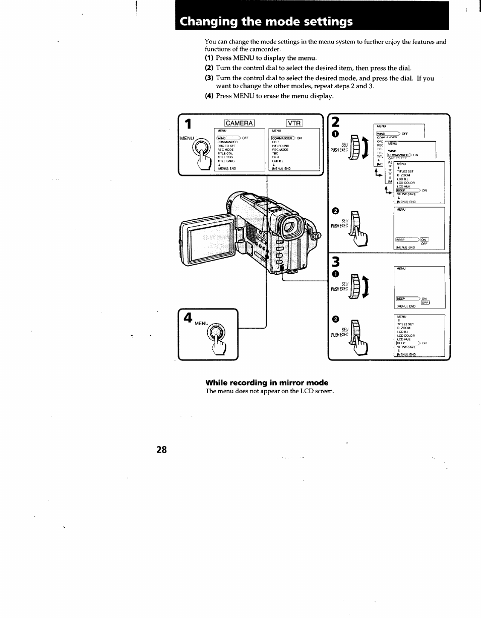 Changing the mode settings, While recording in mirror mode, 1) press menu to display the menu | Press menu to erase the menu display | Sony CCD-TRV62 User Manual | Page 28 / 84