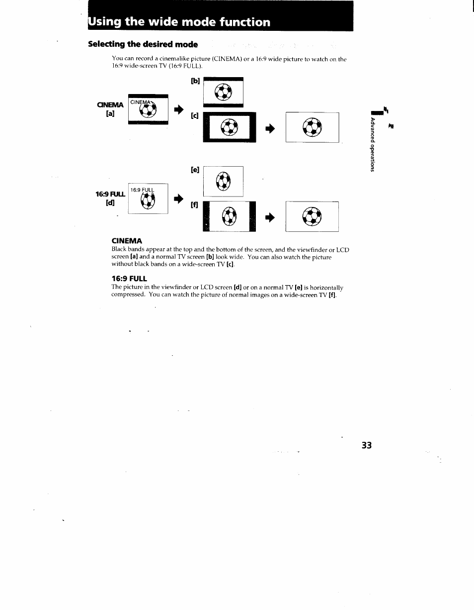 Sing the wide mode function, Selecting tfie desired mode, Qnema | 9 full, Cinema, Using the wide mode function.33 | Sony CCD-TRV62 User Manual | Page 33 / 84