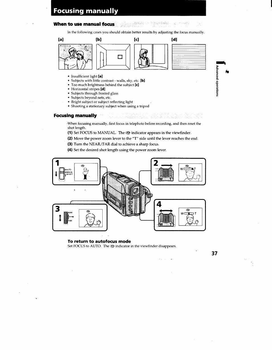 Focusing manually, When to use manual focus, To return to autofocus mode | Focusing maflually t | Sony CCD-TRV62 User Manual | Page 37 / 84