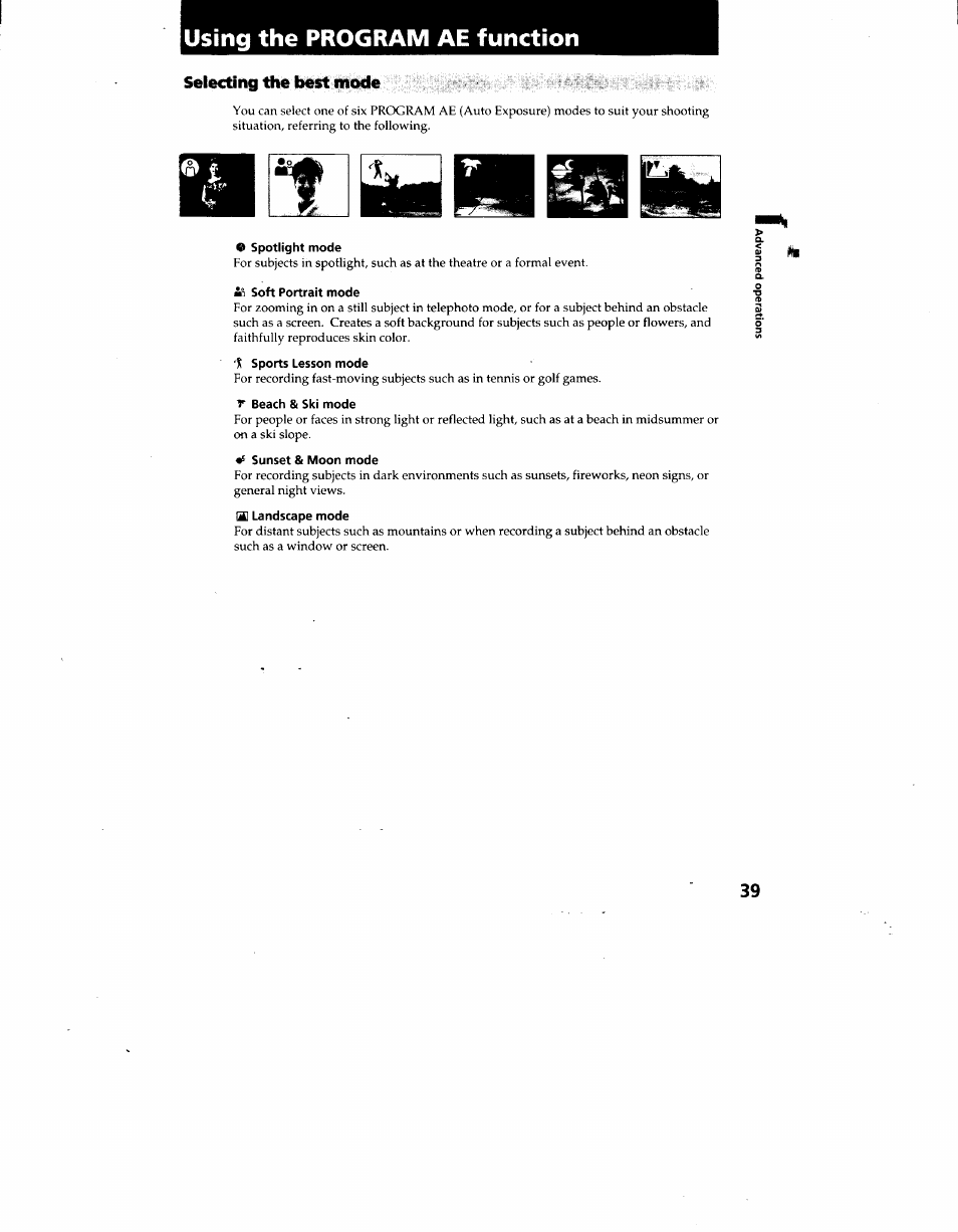 Selecting the best mode, E spotlight mode, Ai soft portrait mode | 1! sports lesson mode, T beach & ski mode, Sunset & moon mode, B] landscape mode, Using the program ae function | Sony CCD-TRV62 User Manual | Page 39 / 84