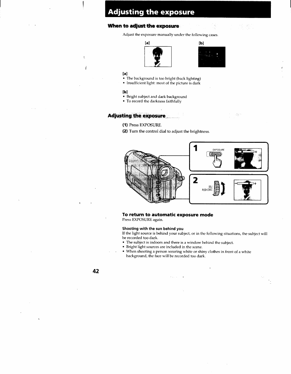 Adjusting the exposure, A] [b, To return to automatic exposure mode | Shooting with the sun behind you | Sony CCD-TRV62 User Manual | Page 42 / 84