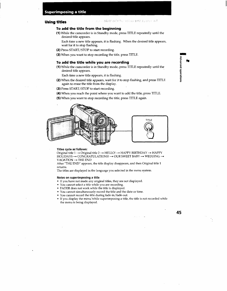 Usingtltles, To add the title from the beginning, To add the title while you are recording | Titles cycle as' follows, Notes on superimposing a title, Superimposing a title | Sony CCD-TRV62 User Manual | Page 45 / 84