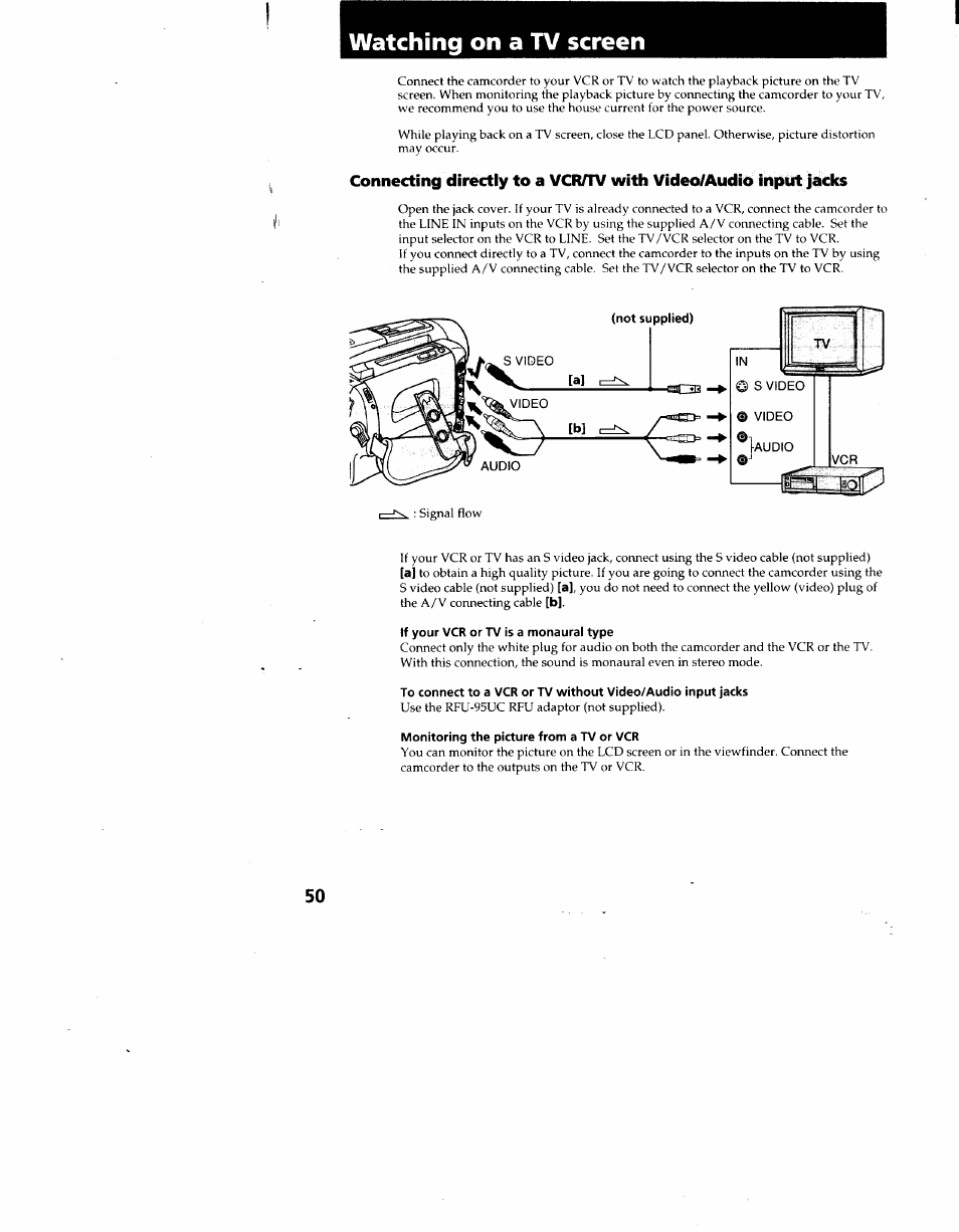 Watching on a tv screen, If your vcr or tv is a monaural type, Monitoring the picture from a tv or vcr | Sony CCD-TRV62 User Manual | Page 50 / 84