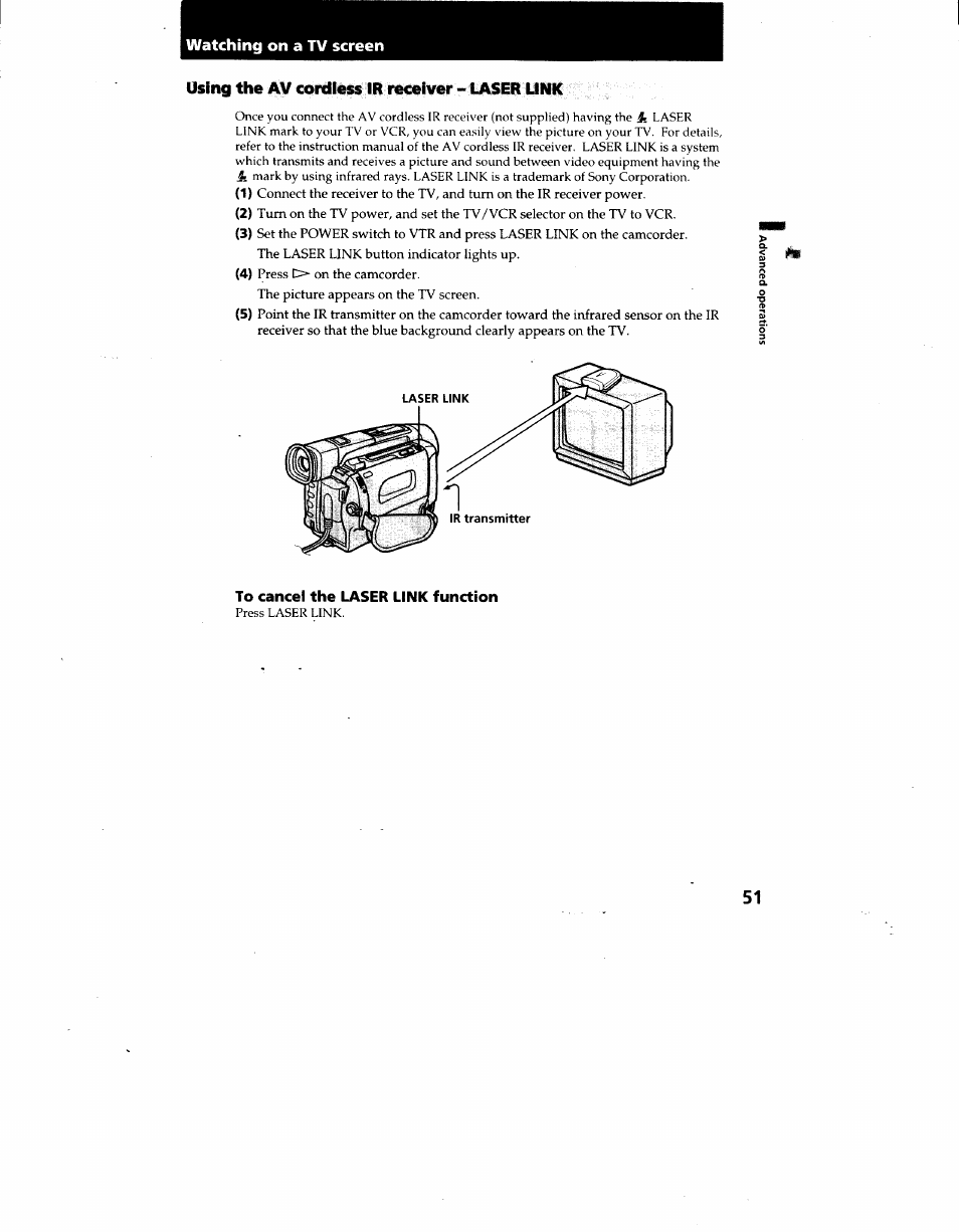 Watching on a tv screen, To cancel the laser link function, Using the av cordless ir receiver - taser link | Sony CCD-TRV62 User Manual | Page 51 / 84