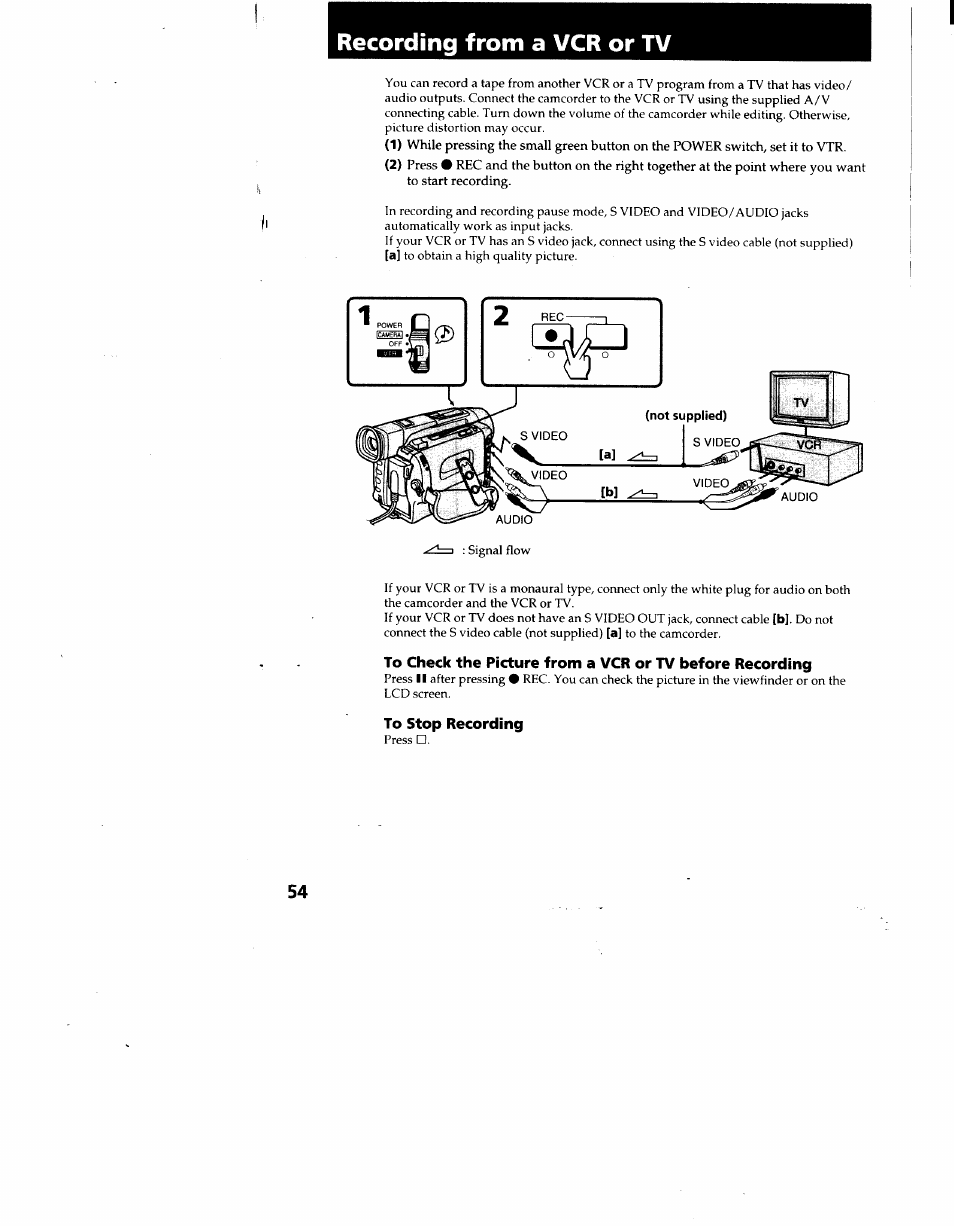 Recording from a vcr or tv, To stop recording | Sony CCD-TRV62 User Manual | Page 54 / 84