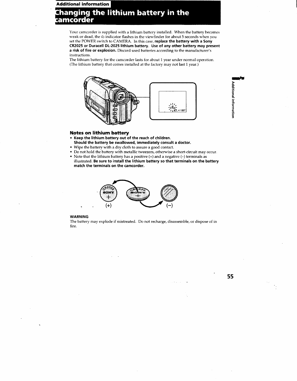 Ihanging the lithium battery in the amcorder, Notes on lithium battery, Warning | Sony CCD-TRV62 User Manual | Page 55 / 84