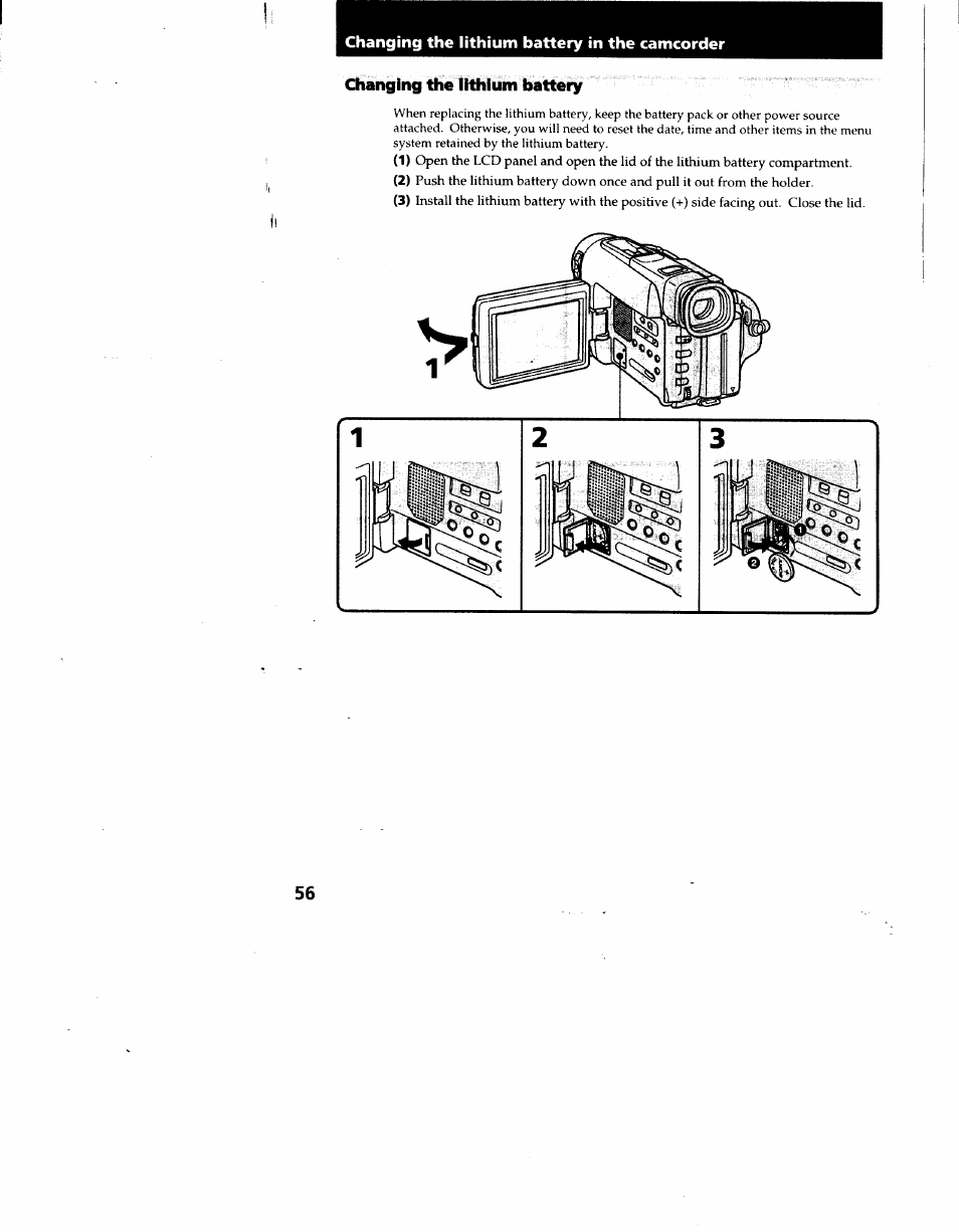 Changing the lithium battery in the camcorder, Changing the lithium battery | Sony CCD-TRV62 User Manual | Page 56 / 84