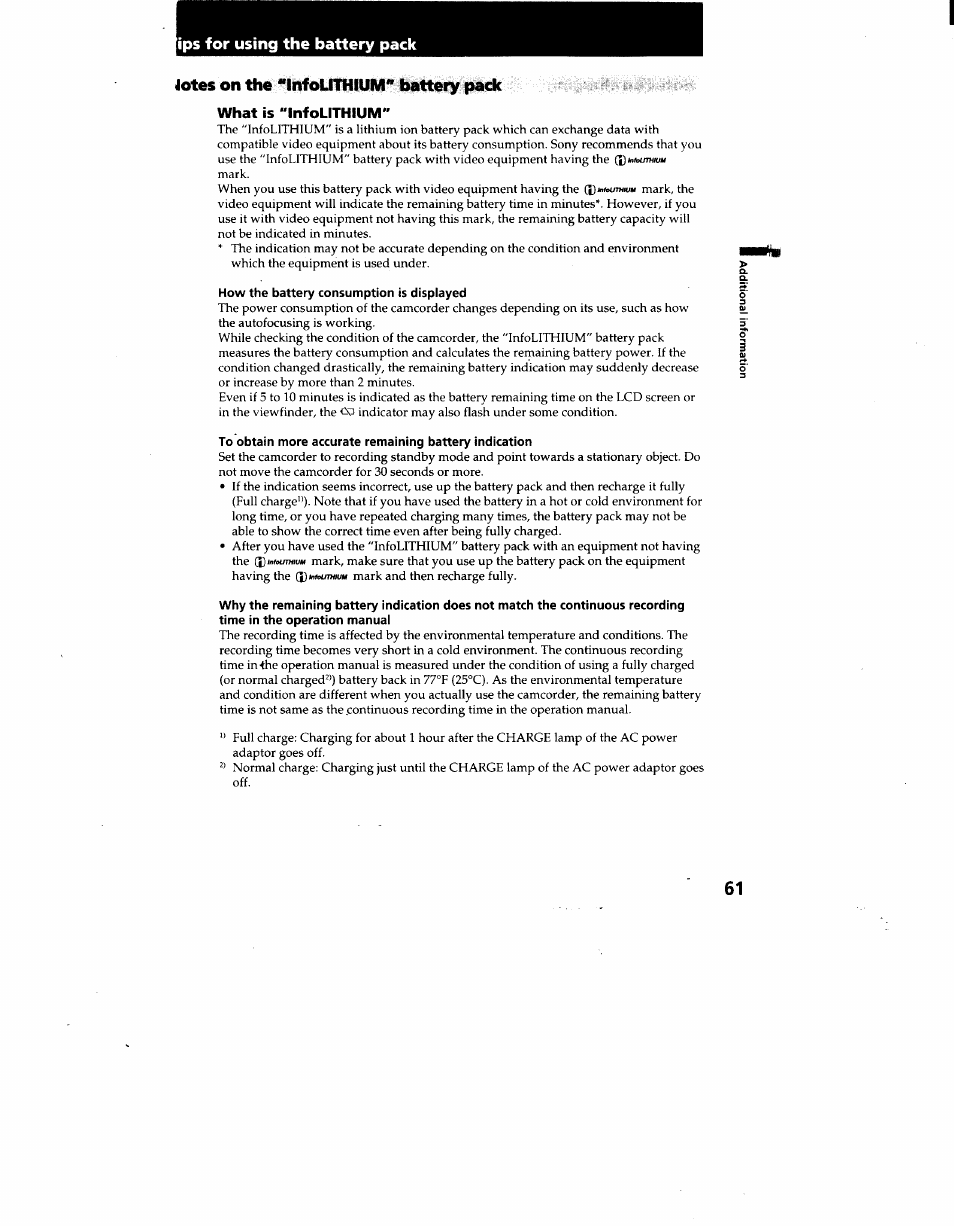 Jotes on the ‘infouflllljm*’ battery pack, What is "infolithium, How the battery consumption is dispiayed | Ips for using the battery pack | Sony CCD-TRV62 User Manual | Page 61 / 84