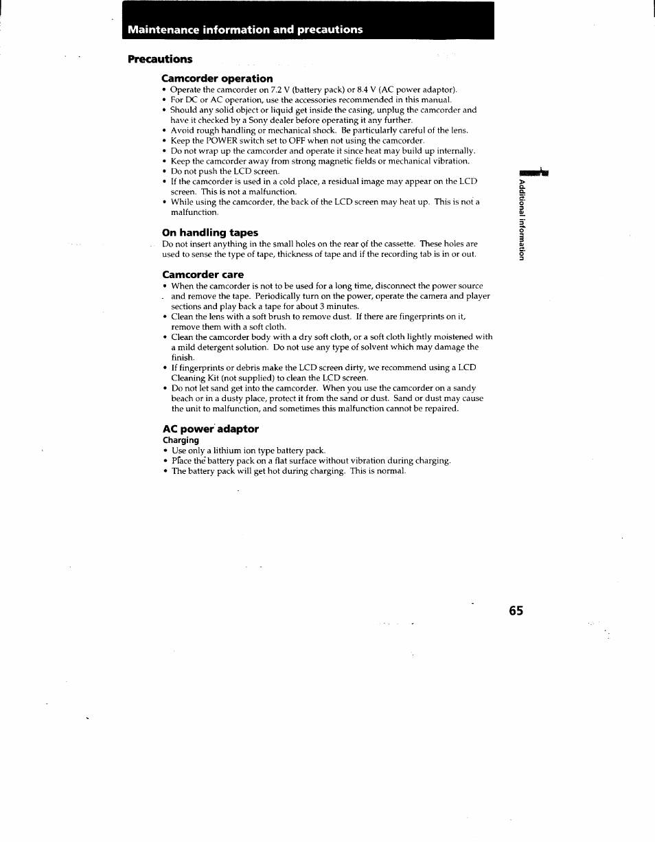 Camcorder operation, On handling tapes, Camcorder care | Ac power adaptor, Maintenance information and precautions | Sony CCD-TRV62 User Manual | Page 65 / 84
