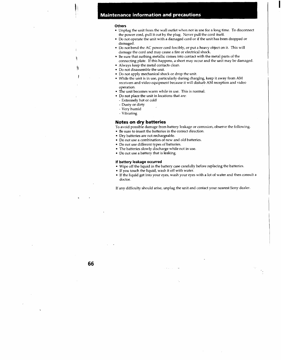 Notes on dry batteries, If battery leakage occurred, Maintenance information and precautions | Sony CCD-TRV62 User Manual | Page 66 / 84