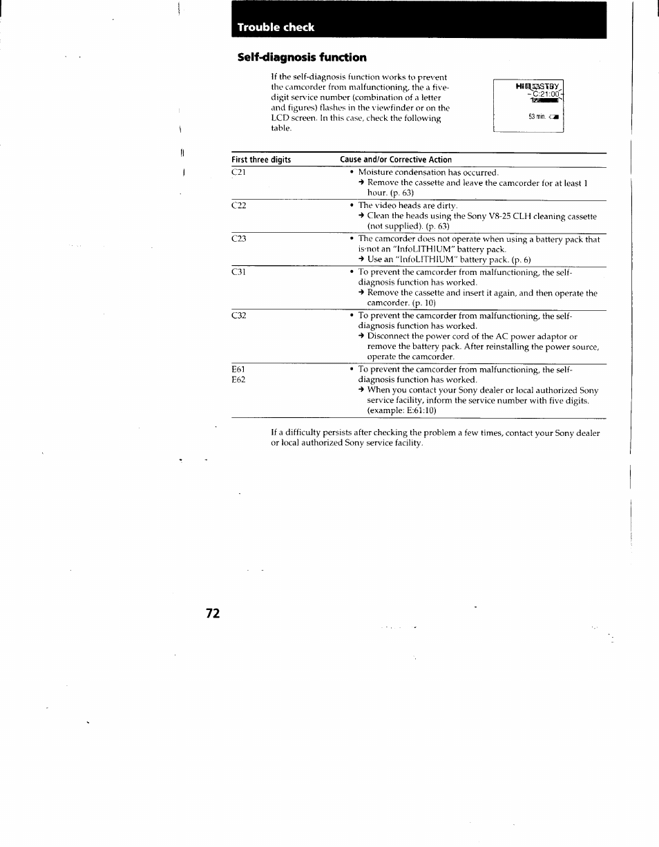 Trouble check self-diagnosis function | Sony CCD-TRV62 User Manual | Page 72 / 84