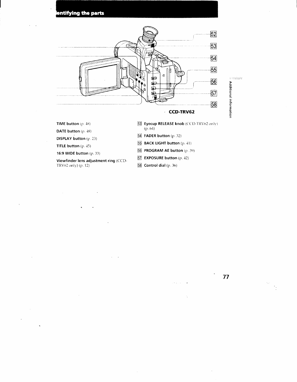 Ntifying the parts | Sony CCD-TRV62 User Manual | Page 77 / 84