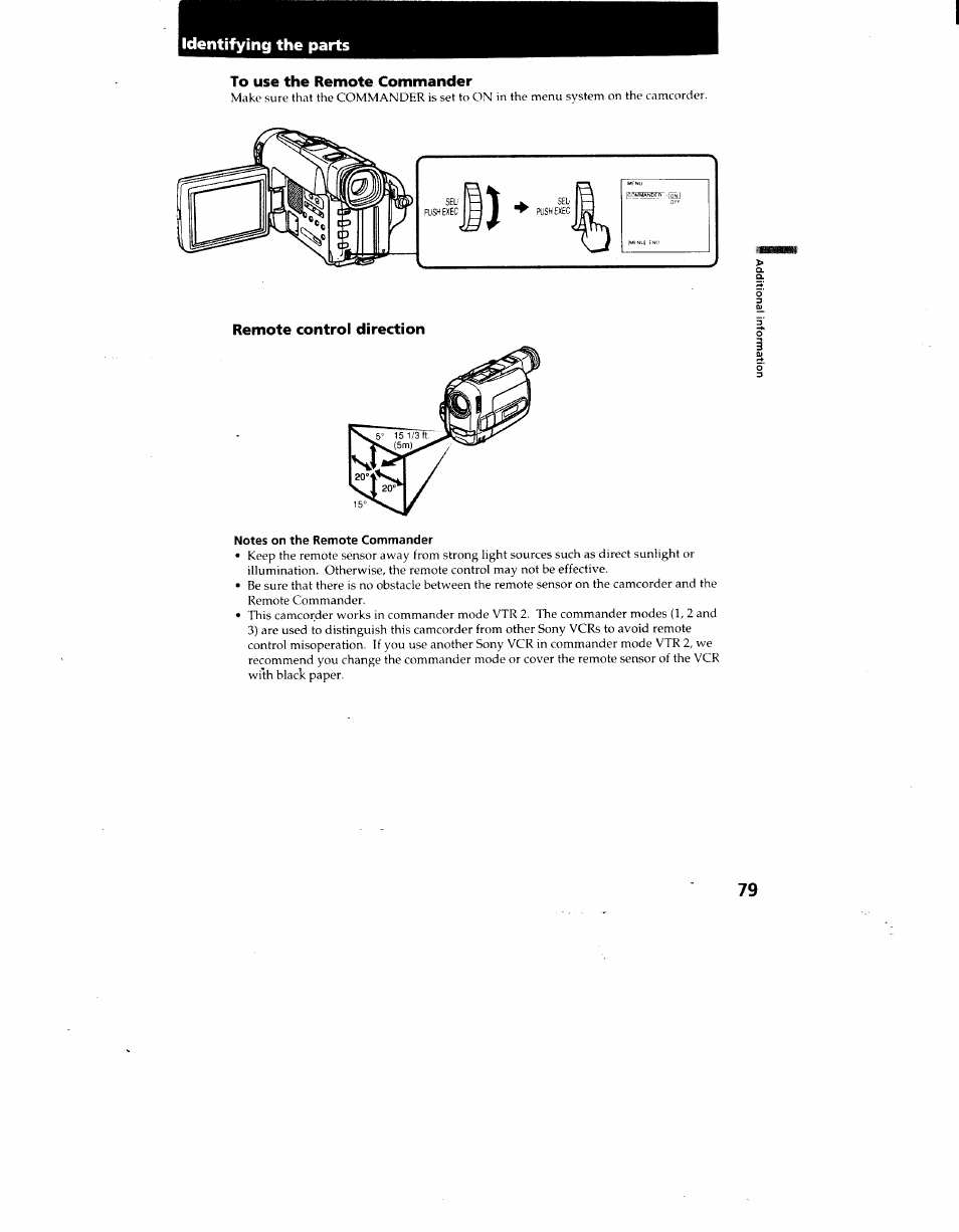 To use the remote commander, Remote control direction, Notes on the remote commander | Identifying the parts | Sony CCD-TRV62 User Manual | Page 79 / 84