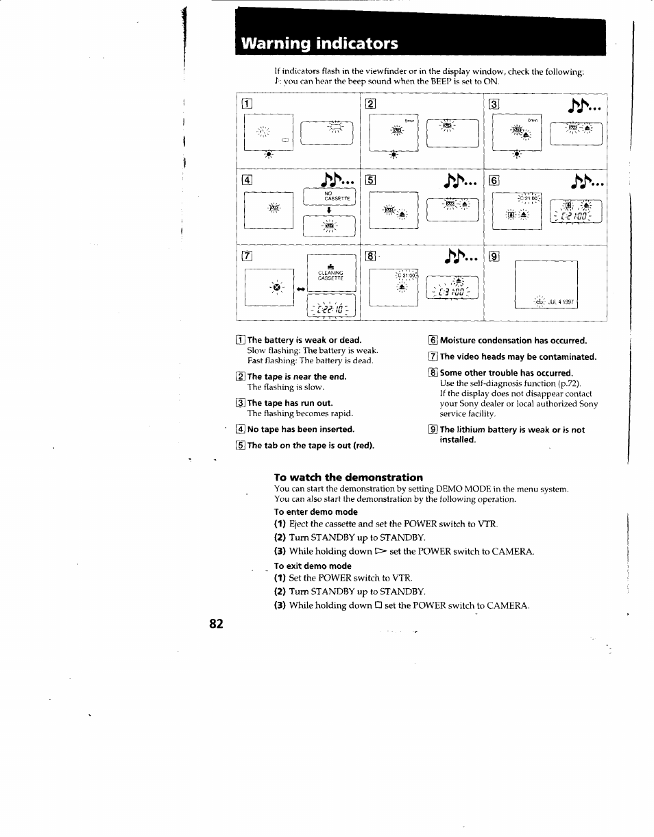 Warning indicators, 6] moisture condensation has occurred, To watch the demonstration | To exit demo mode, Eject the cassette and set the power switch to vtr, Turn standby up to standby, Set the power switch to vtr | Sony CCD-TRV62 User Manual | Page 82 / 84