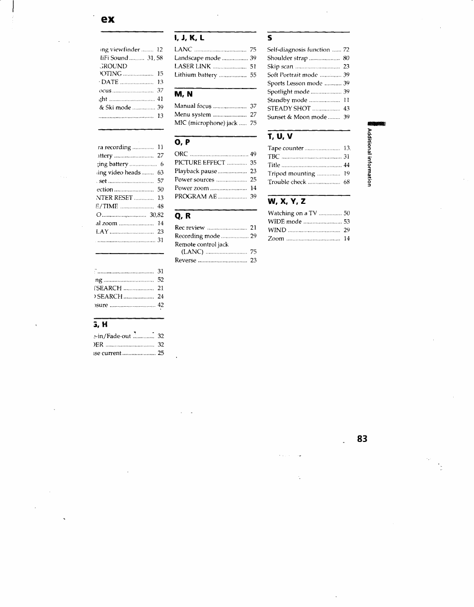 I. j. k. l, M, n, T, u,v | Sony CCD-TRV62 User Manual | Page 83 / 84