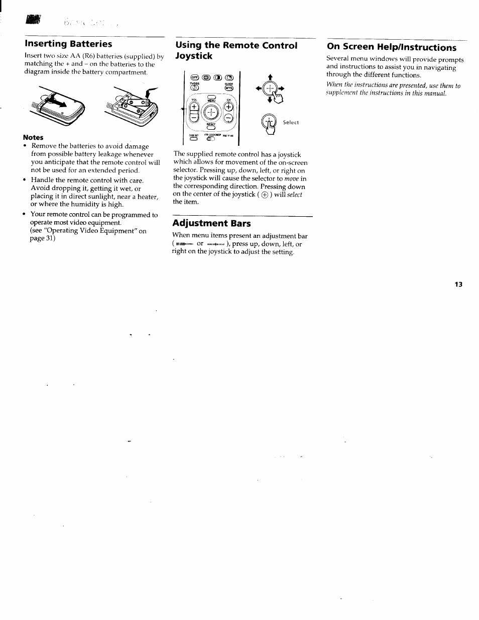 Inserting batteries, Notes, Using the remote control joystick | Adjustment bars, On screen help/lnstructions, Using-the remote control joystick, On screen help/instructions | Sony KV-36XBR200 User Manual | Page 17 / 42