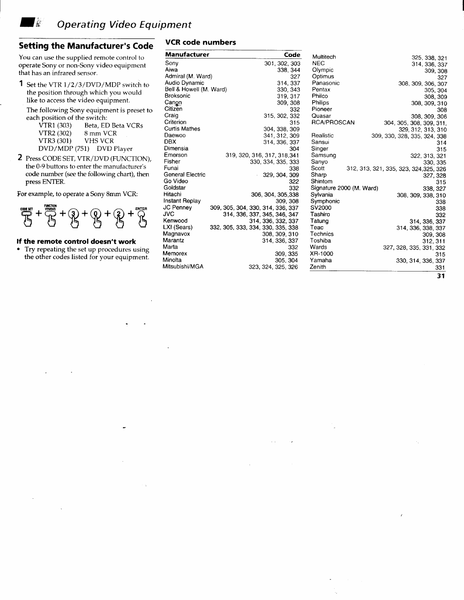 Setting the manufacturer's code, If the remote control doesn't work | Sony KV-36XBR200 User Manual | Page 35 / 42