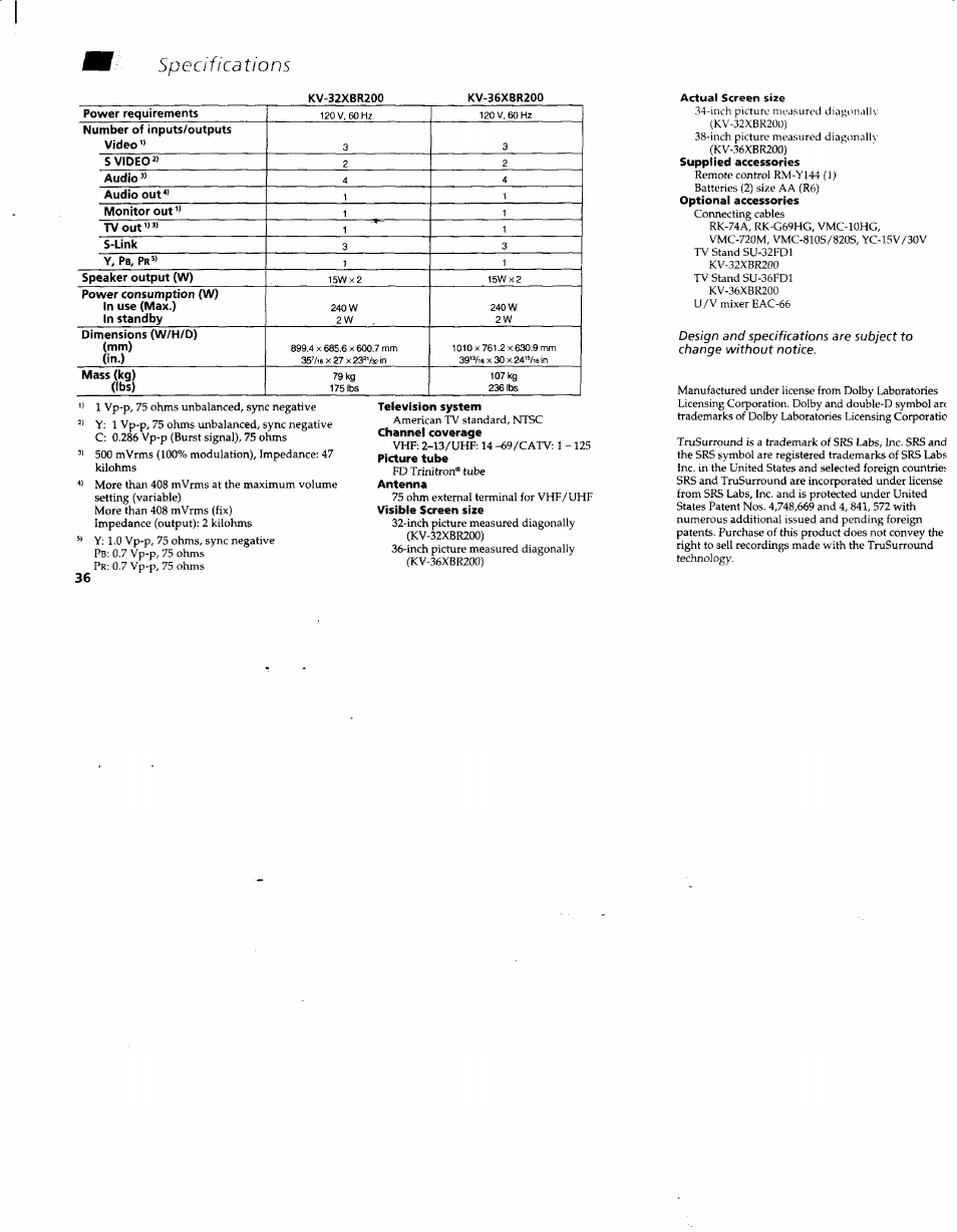 Specifications | Sony KV-36XBR200 User Manual | Page 40 / 42