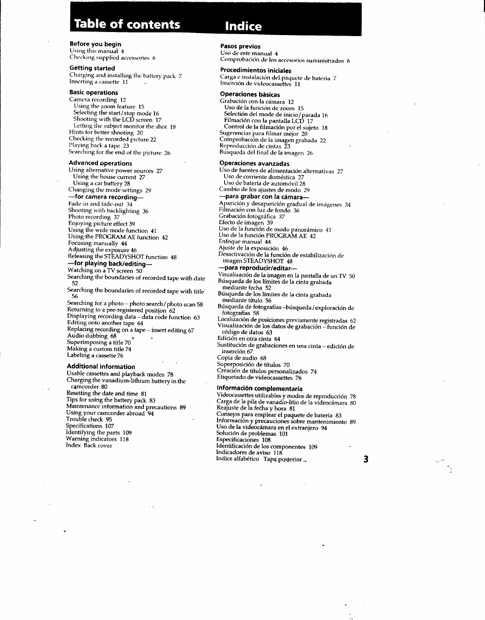 Table of contents indice | Sony DCR-TRV7 User Manual | Page 3 / 120
