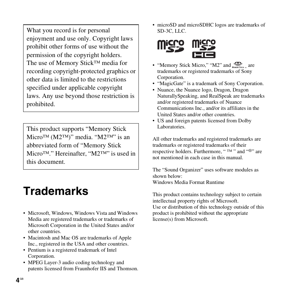 Trademarks | Sony ICD-SX712D User Manual | Page 4 / 155