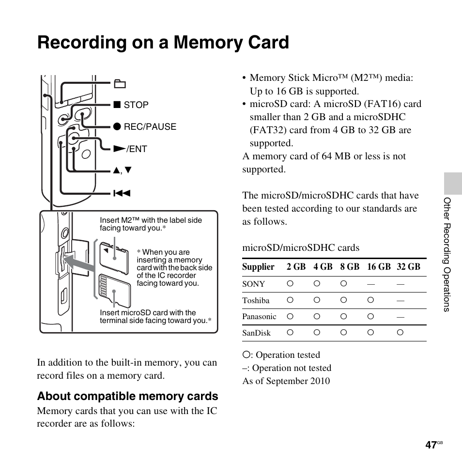 Recording on a memory card | Sony ICD-SX712D User Manual | Page 47 / 155