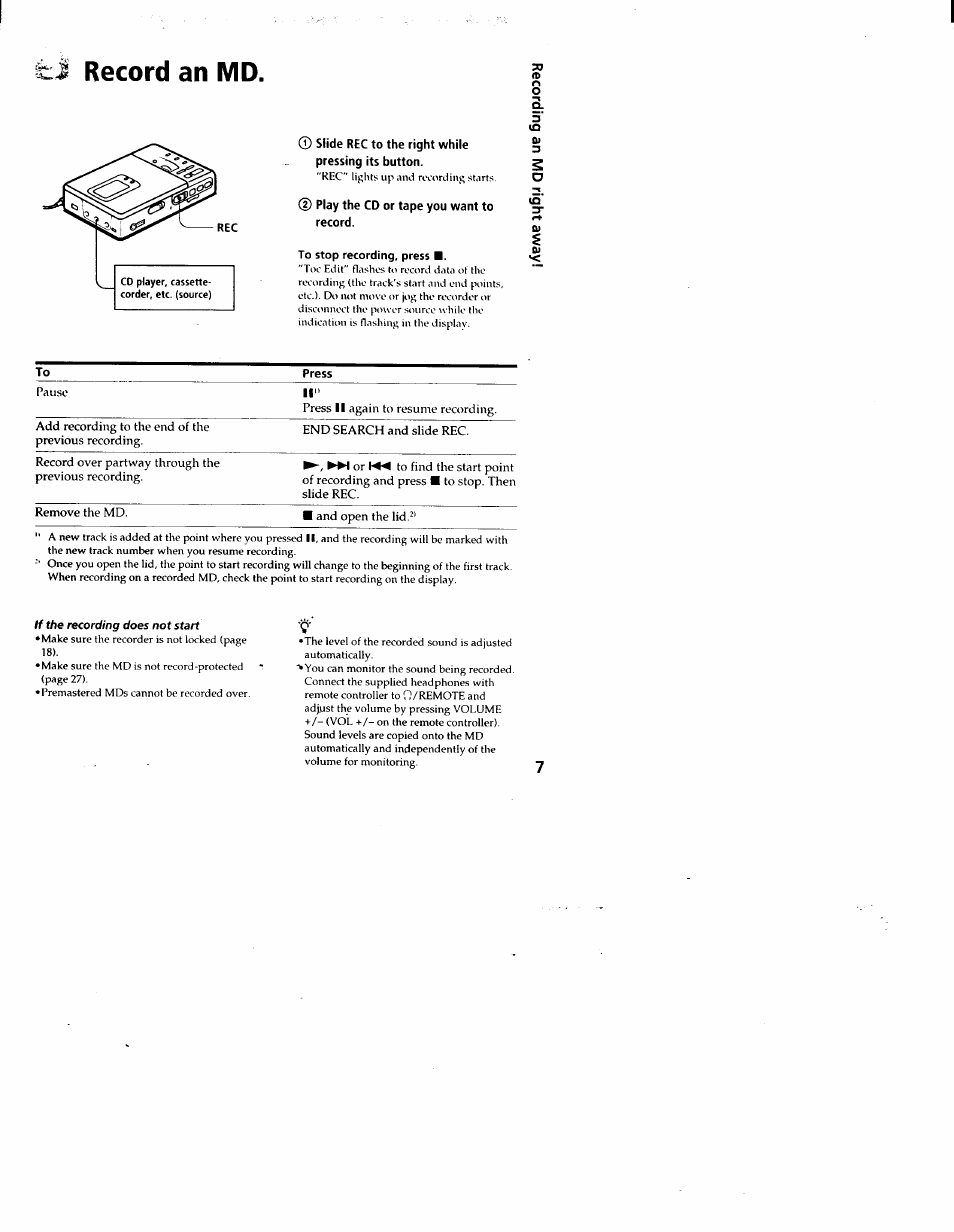 Record an md, To stop recording, press, If the recording does not start | Sony MZ-R30 User Manual | Page 7 / 38