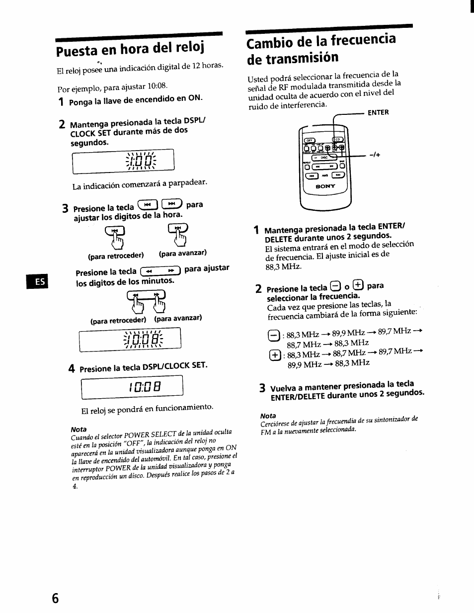 Para retroceder) (para avanzar), Enter, Puesta en hora del reloj | Cambio de la frecuencia de transmisión | Sony CDX-71RF User Manual | Page 26 / 59