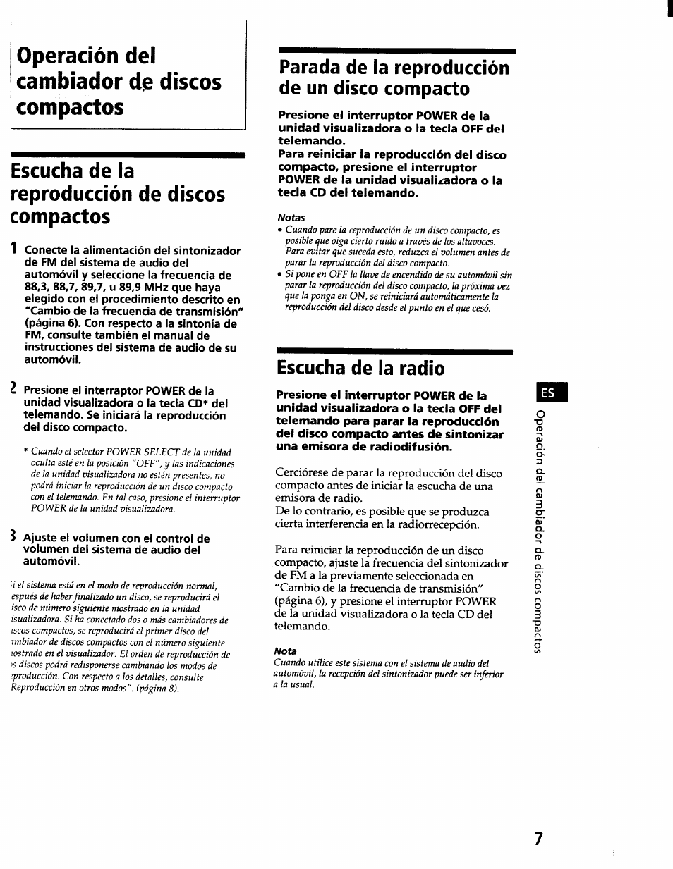 Operación del cambiador, Parada de la reproducción de un disco compacto, Escucha de la radio | Sony CDX-71RF User Manual | Page 27 / 59