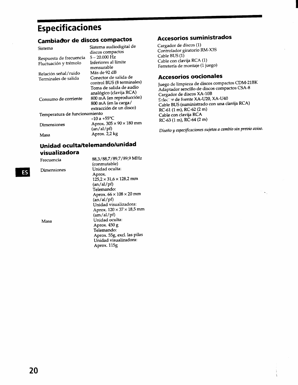 Cambiador de discos compactos, Accesorios suministrados, Accesorios oocionales | Unidad ocuita/telemando/unidad visuaiizadora, Especificaciones | Sony CDX-71RF User Manual | Page 40 / 59