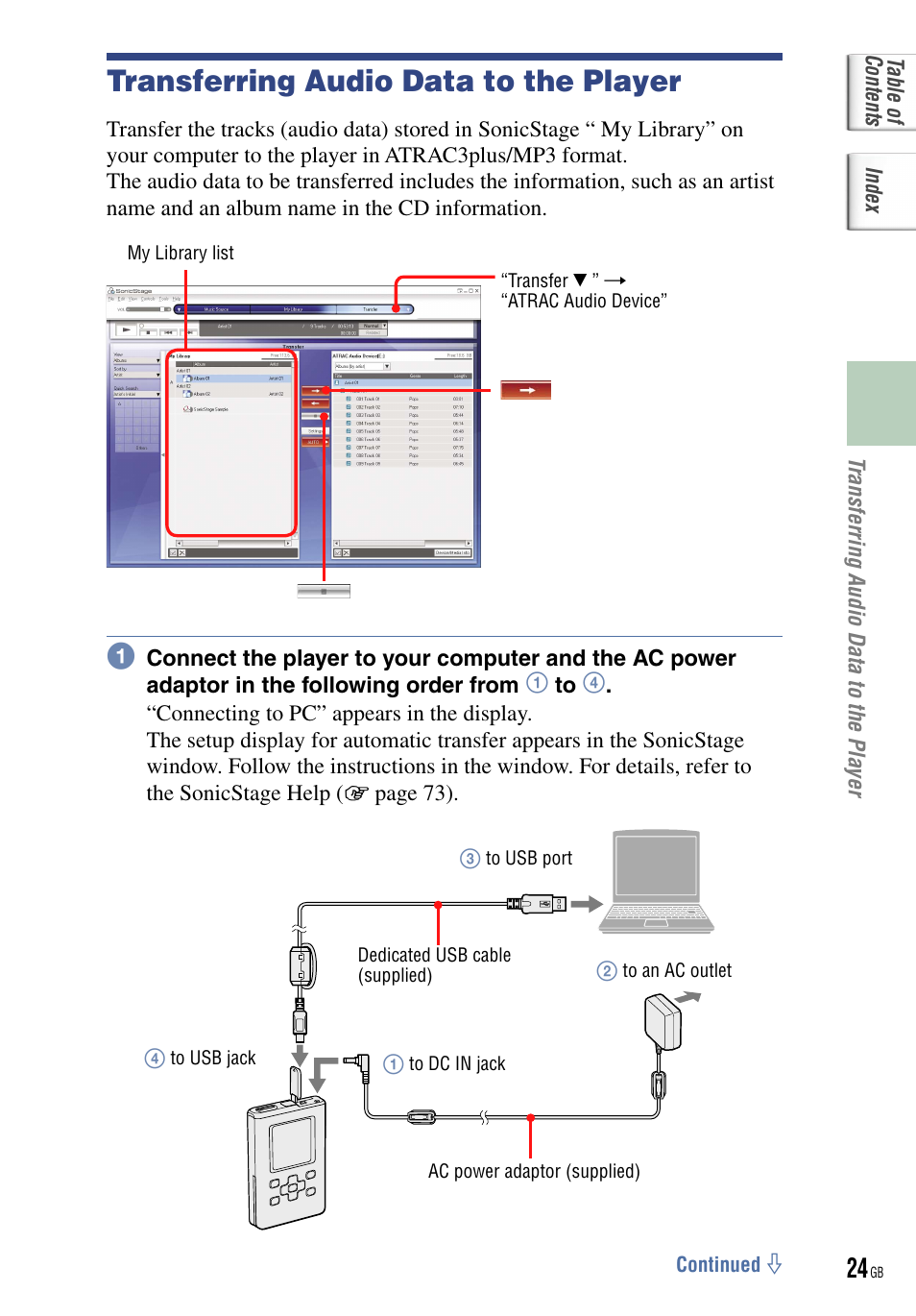 Transferring audio data to the player | Sony NW-HD5 User Manual | Page 24 / 82