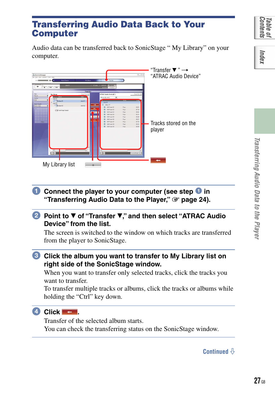 Transferring audio data back to your computer | Sony NW-HD5 User Manual | Page 27 / 82